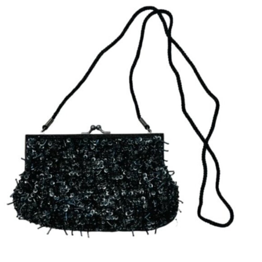 Vintage Purse‎ Lancome Black Beaded Crossbody / Clutch Shiny Formal Designer